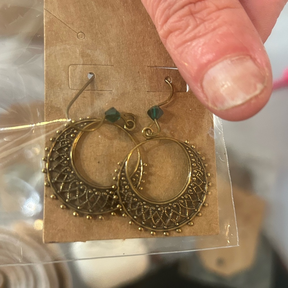 Boho Filigree Hoop Earrings - Bronze with Teal Accent